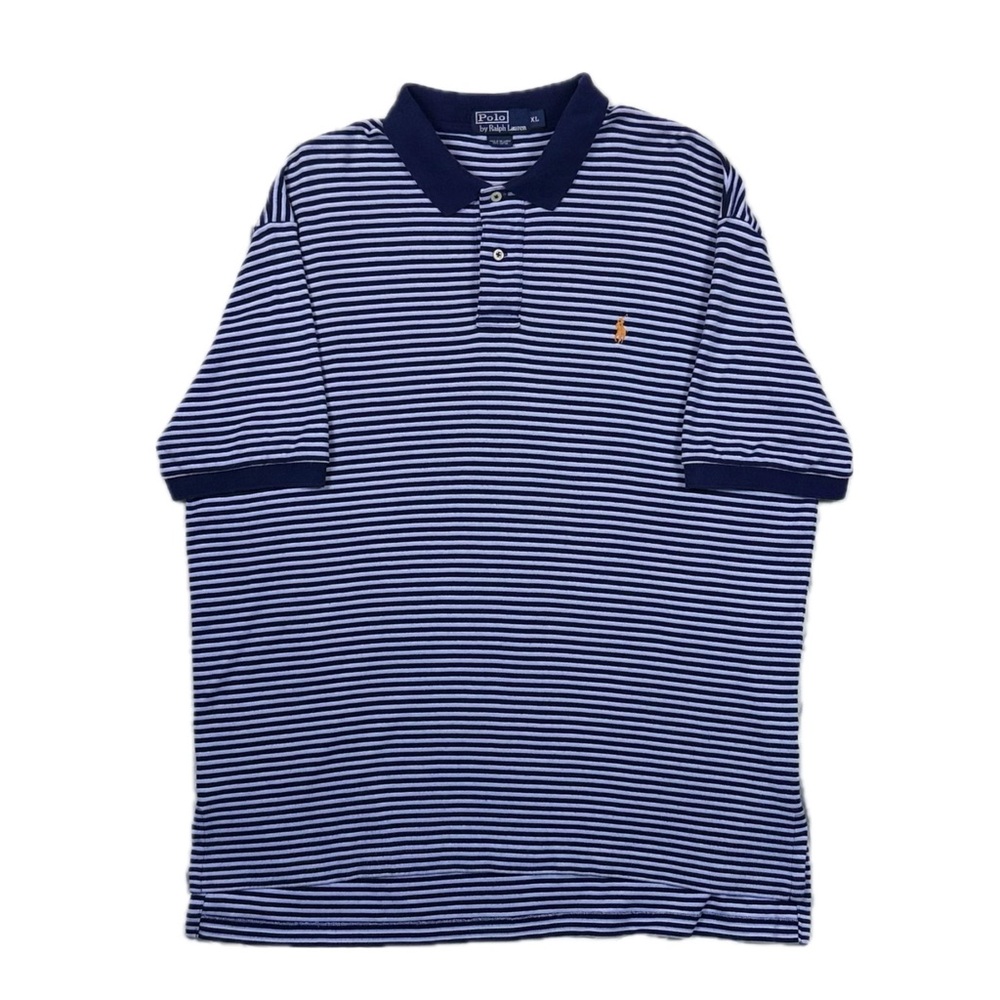 Polo Ralph Lauren 100% cotton Blue Navy Stripe orange pony Polo shirt Men XL